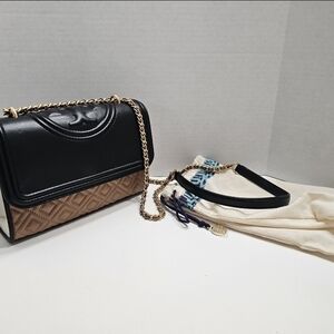 Tory Burch Fleming Black and Tan Colorblock Crossbody Bag